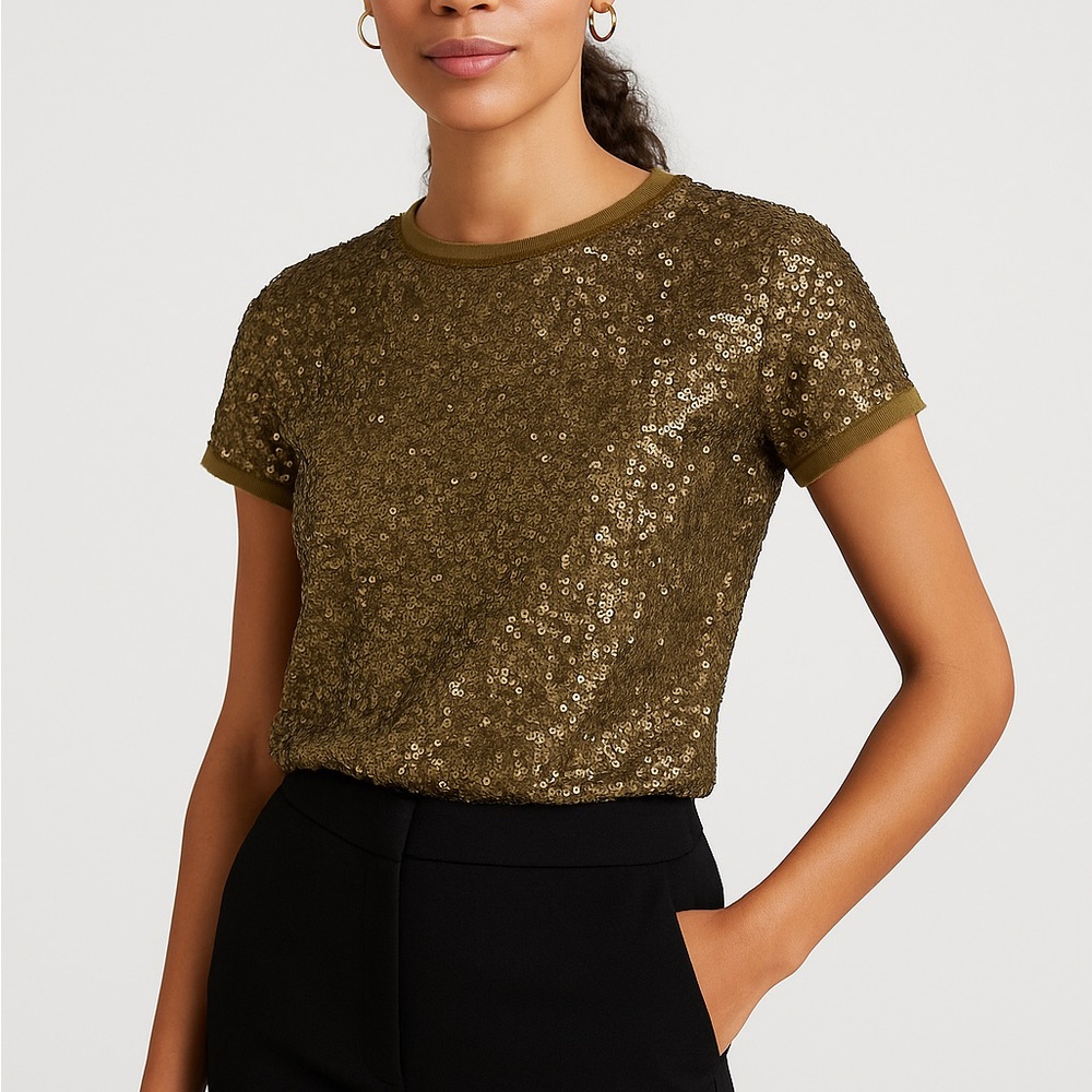 J. Crew Olive Sequin Short Sleeve Tee
